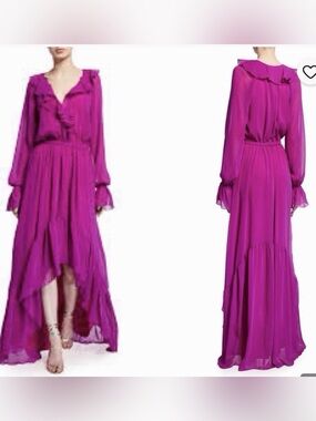 Ramy Brook New York Magenta High Low Maxi Dress Ruffle Chiffon Long Sleeve M
